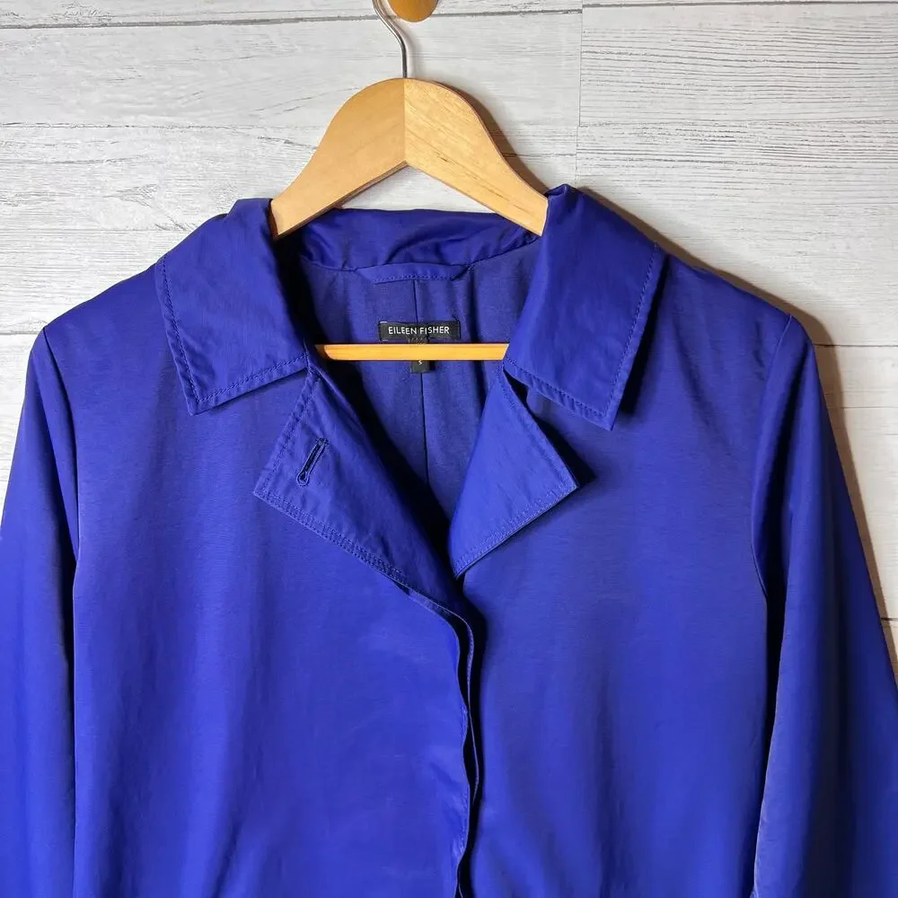 Eileen Fisher Coat Women Size Small Royal Blue A Line Button Down Trench - Picture 7 of 16
